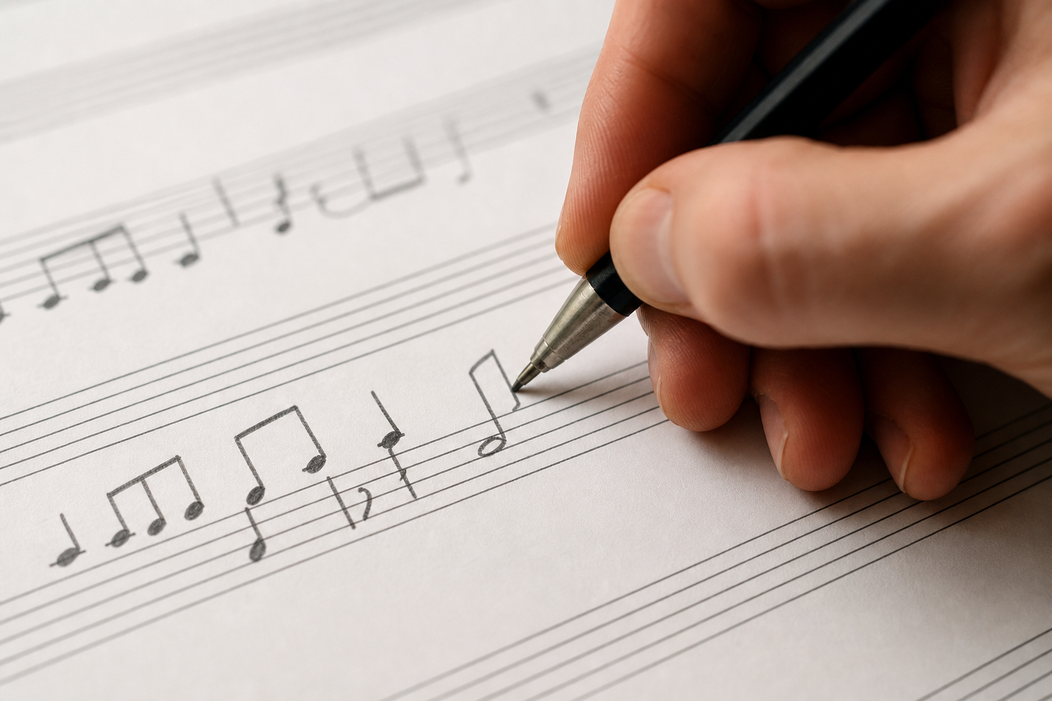 Mano che scrive note musicali su un pentagramma