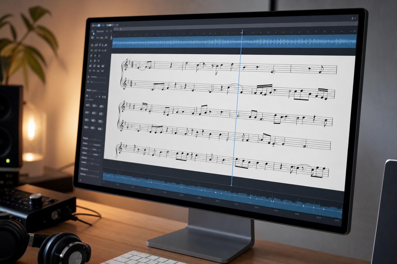 Schermo con software di notazione musicale durante la trascrizione